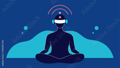 Person with Headset A silhouette of a person wearing a futuristic headset with sensors sitting calmly in a meditative pose. Waves emanate from the head symbolizing brain activity.