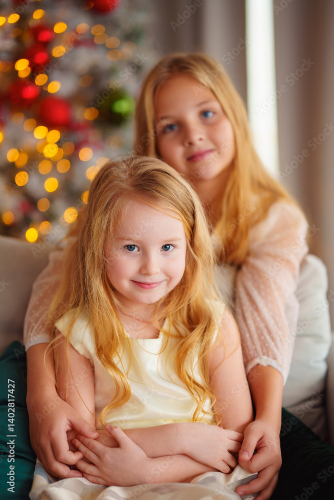 Two cute sisters in the New Year's decor of the room.