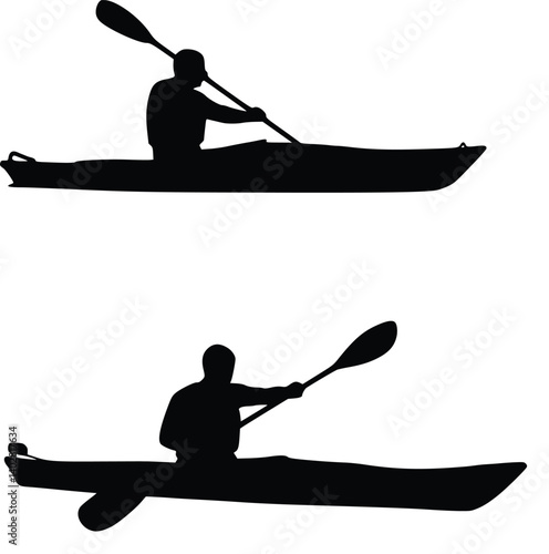 Silhouette of two individuals paddling separate kayaks, each holding a paddle in different positions