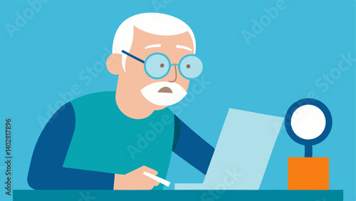Optical Device A senior citizen with glasses using a digital magnifier to examine a document or photo with a focused expression and a welllit desk setting.
