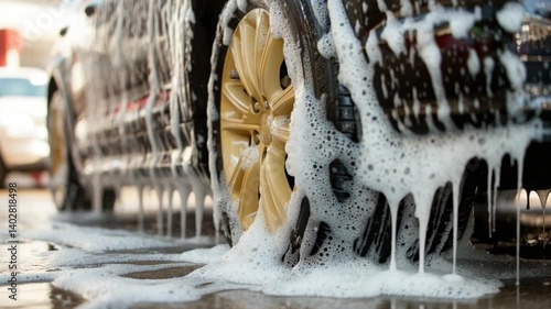 A car is being cleaned at a bustling car wash on a clear day. Soap bubbles cover the wheels and flow onto the ground, highlighting the thorough cleaning process and attention to detail