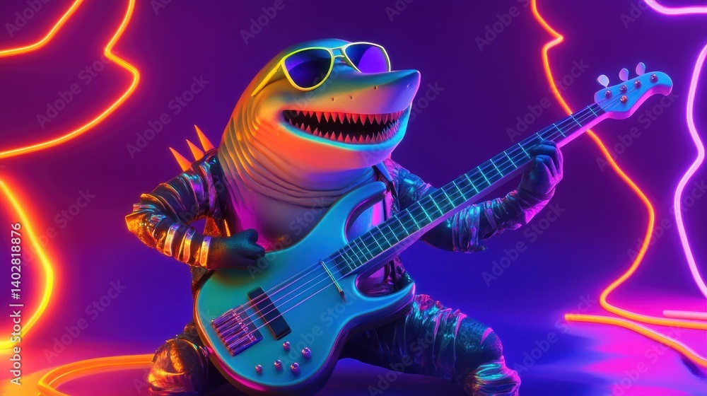Obraz premium A shark rocker plays electric bass guitar.