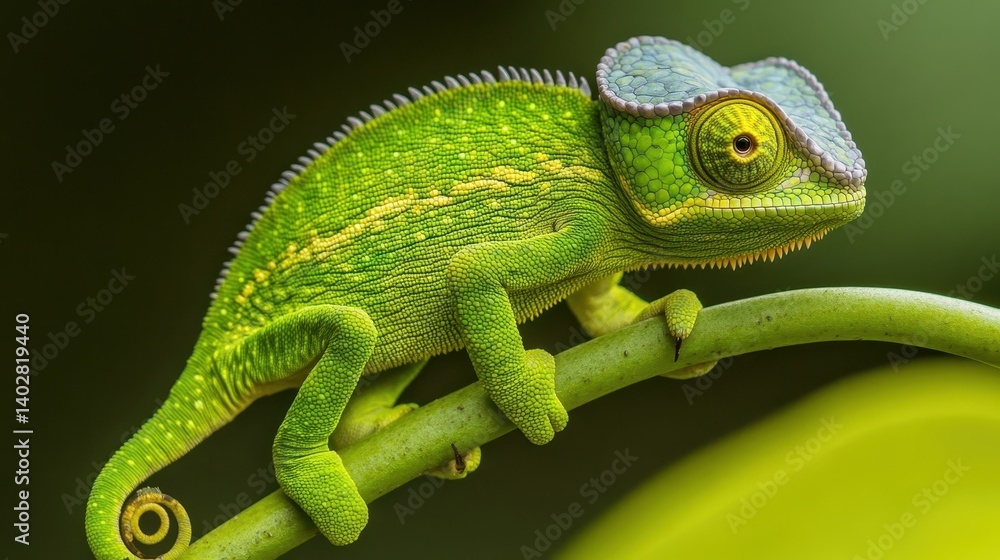 Fototapeta premium A vibrant green chameleon perched on a branch.