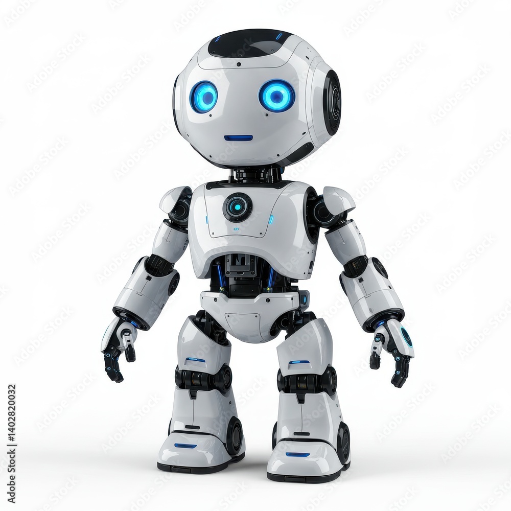 Cute futuristic robot standing upright on white background Cute futuristic robot standing upright on white background