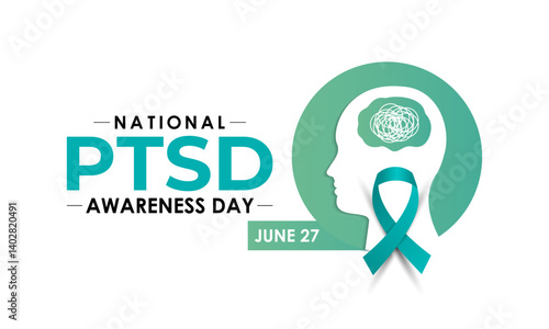 National PTSD Awareness Day is June 27. Health awareness vector. Realistic ribbon, Human and brain icon. Educate the public about post-traumatic stress disorder. Banner and background design template.