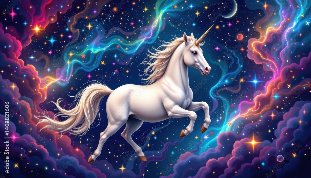 Galactic Unicorn A unicorn flying through a cosmic background filled with colorful galaxies and twinkling stars. Galactic Unicorn A unicorn flying through a cosmic background filled with colorful galaxies and twinkling stars.
