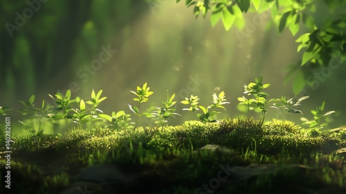 Peaceful scene of new growth as seedlings bask in gentle morning light
