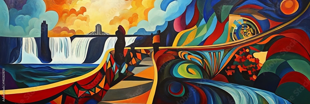 Abstract painting depicting a waterfall landscape with figures and vibrant colors.
