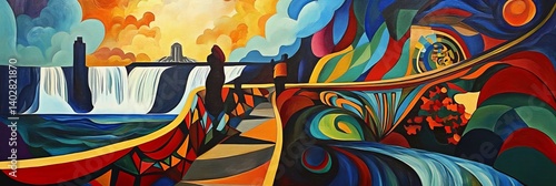 Obraz na płótnie Abstract painting depicting a waterfall landscape with figures and vibrant colors. w salonie