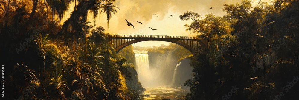 Bridge over waterfall surrounded by lush green vegetation under a golden sky.