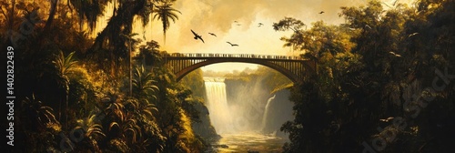 Obraz na płótnie Bridge over waterfall surrounded by lush green vegetation under a golden sky. w salonie