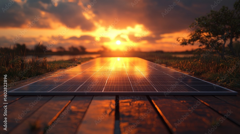 Solar panel at sunset, reflecting golden light. Wooden platform, tranquil rural scene