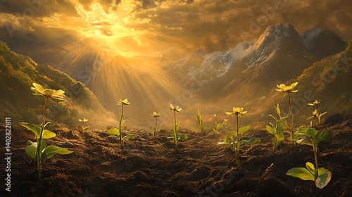 Nature renewal as seedlings emerge in rich soil under golden morning sunbeams