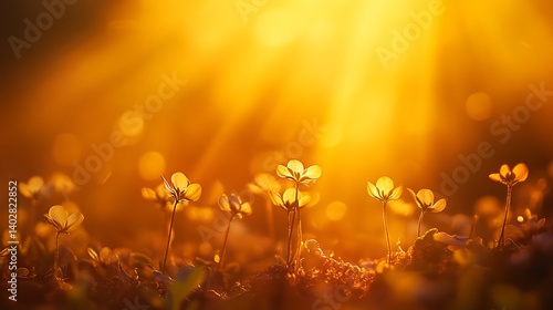 Nature renewal as seedlings emerge in rich soil under golden morning sunbeams
