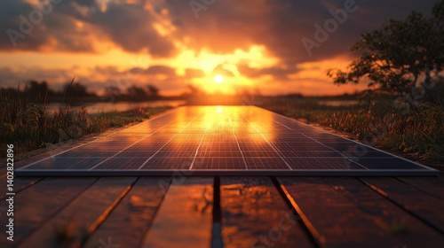 Obraz na płótnie Solar panel at sunset, reflecting golden light. Wooden platform, tranquil rural scene w salonie