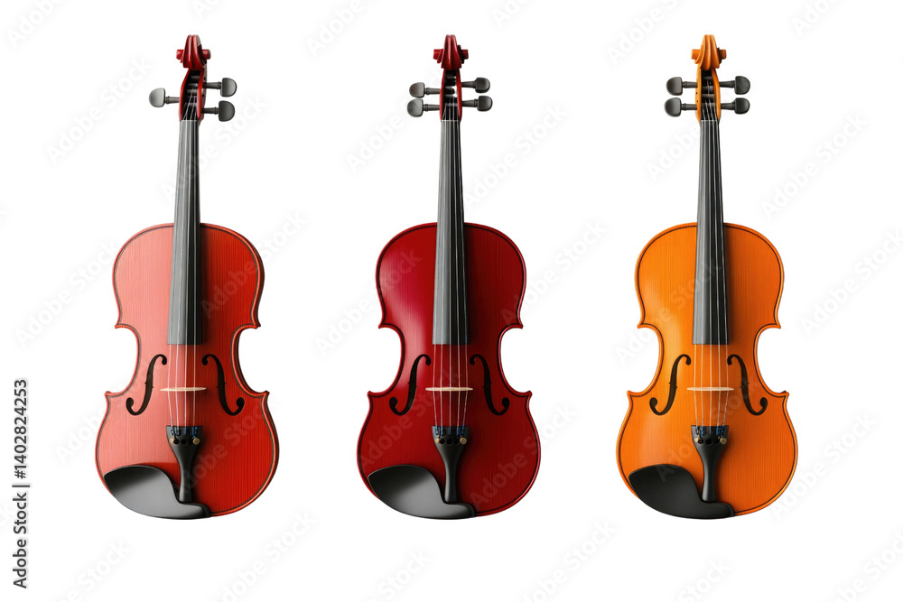 Fototapeta premium Three distinct violins arranged side by side highlight their vibrant colors and unique finishes. The instruments feature varying shades of red and orange, emphasizing craftsmanship