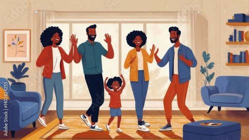 Happy family dancing and having fun together at home