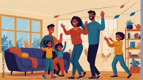 Happy family dancing and having fun together at home