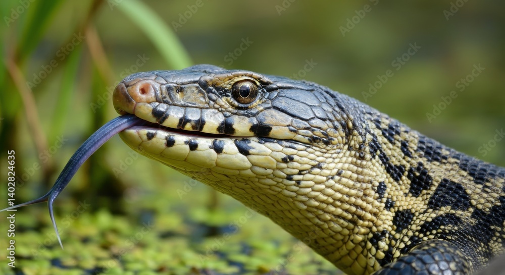 Close-up of lizard with forked tongue and scaly skin in natural habitat Close-up of lizard with forked tongue and scaly skin in natural habitat