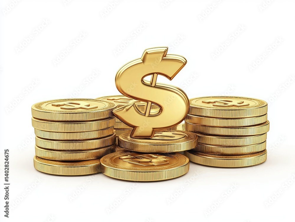 Golden coins stacked high with a large dollar sign, representing financial success and wealth