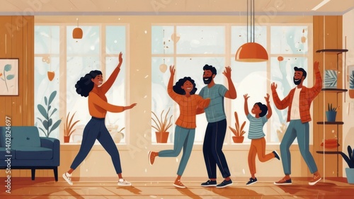 Happy family dancing and having fun together at home