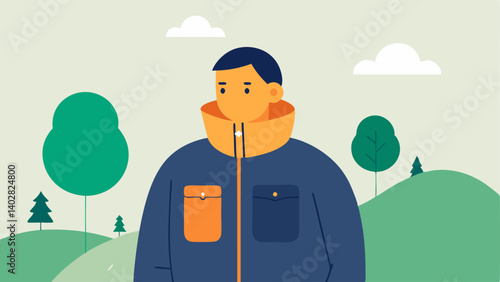 Outdoor Adventure A model wearing a breathable adaptive outdoor jacket with oversized pockets and easy zippers enjoying a day in a serene park environment emphasizing functionality