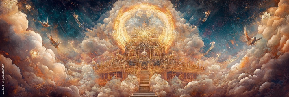 Dreamlike sky with clouds and a radiant glow suggesting a heavenly realm.