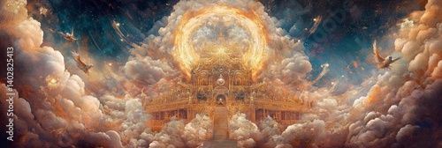 Obraz na płótnie Dreamlike sky with clouds and a radiant glow suggesting a heavenly realm. w salonie