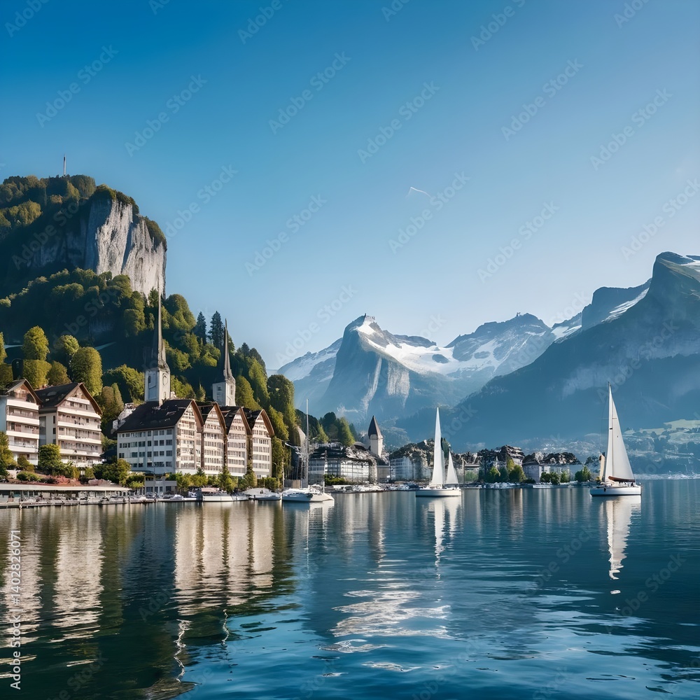 Naklejka premium Swiss Alps Lakeside Town, Boats and Mountains
