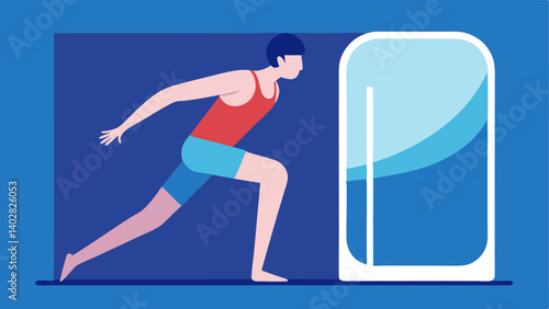 Recovery Session A side view of an athlete with half of their body in a cryotherapy tank while the other half shows them performing a stretching exercise.