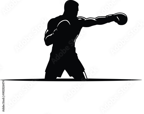 Black and white silhouette of a focused boxer mid-punch, highlighting intensity, strength, and movement in competitive sports