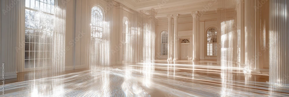Interior hallway with columns and sunlight creates a bright and airy atmosphere.