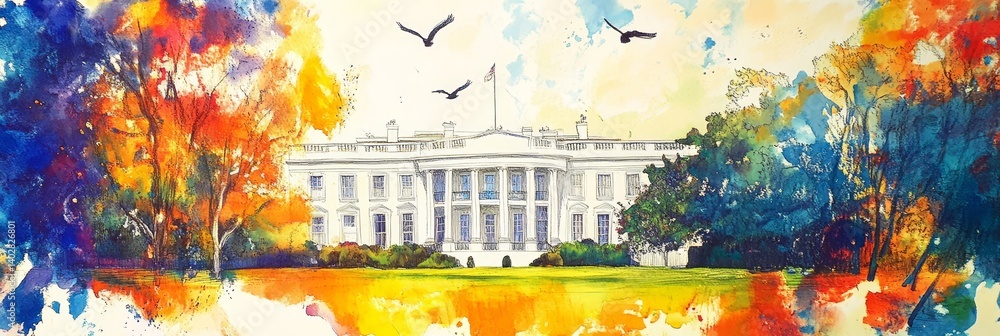 White building with columns is surrounded by colorful abstract paint strokes and birds.