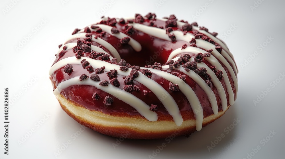 Delicious glazed donut with white icing stripes and red sprinkles