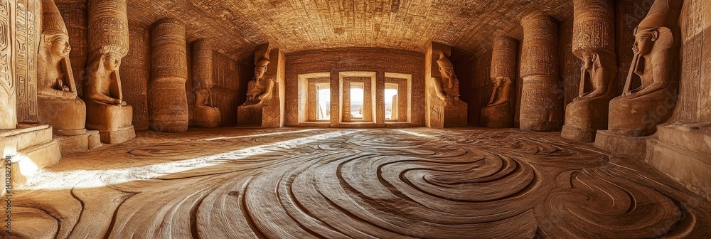 Interior of an ancient temple with large statues and carved floor.