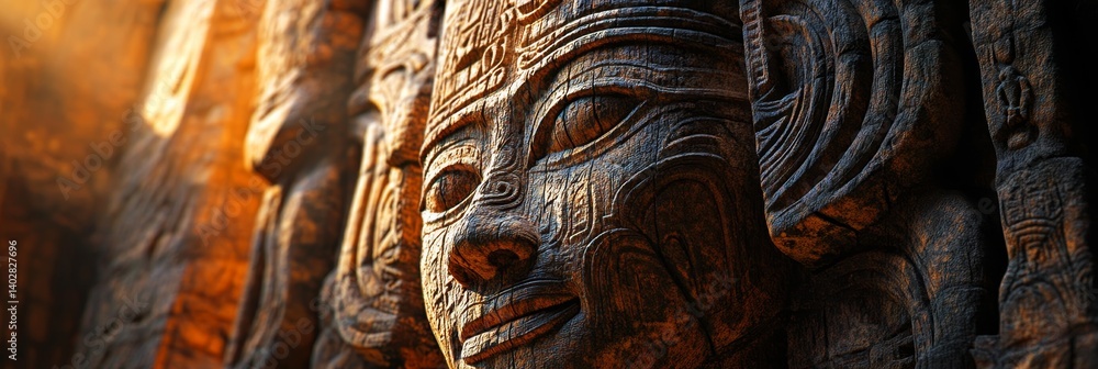 Carved stone face detail on ancient temple wall with warm sunlight.