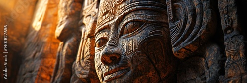 Obraz na płótnie Carved stone face detail on ancient temple wall with warm sunlight. w salonie