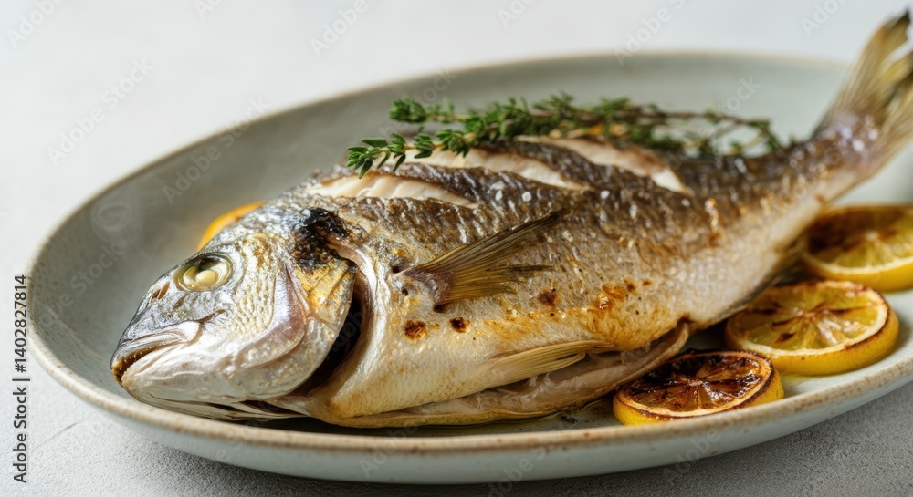 Grilled sea bream garnished with lemon and herbs on ceramic plate Grilled sea bream garnished with lemon and herbs on ceramic plate