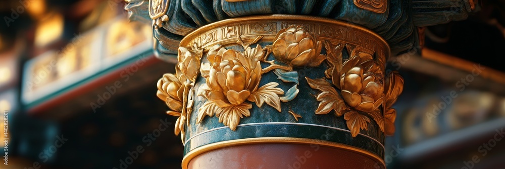 Ornate column detail with gold floral decorations in a temple setting.