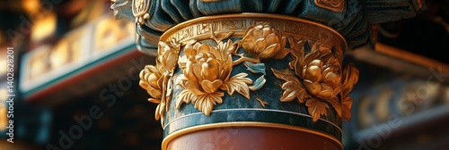 Obraz na płótnie Ornate column detail with gold floral decorations in a temple setting. w salonie