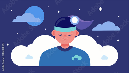 Sleep Optimization A person peacefully sleeping in a bedroom with a brainwave device on their head surrounded by soft clouds and gentle stars to symbolize restful sleep and