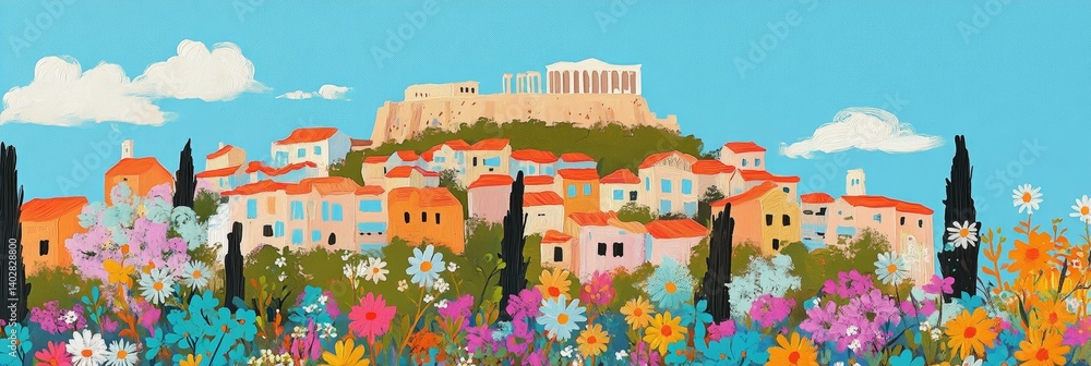 Illustration of a city with ancient ruins and flowers against a blue sky.