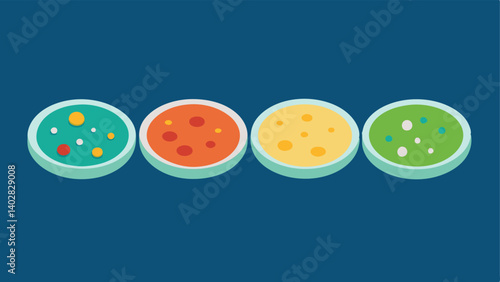 Petri Dishes A row of petri dishes with various bacteria cultures growing illustrating the diversity of microbiomes.