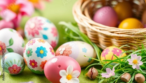 Colorful vertical painted Easter eggs and playful bunny ears on a vibrant green background creating a festive spring composition