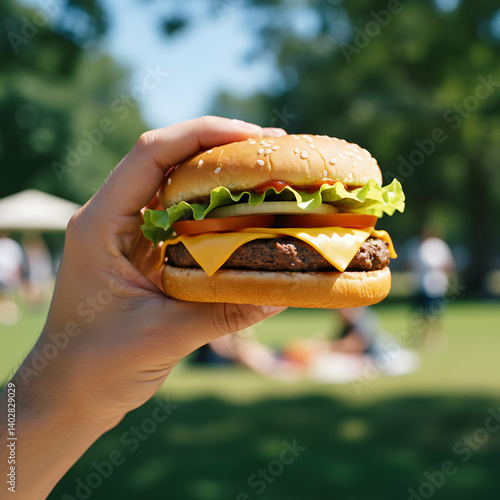 Juicy Cheeseburger in Park Summer Picnic