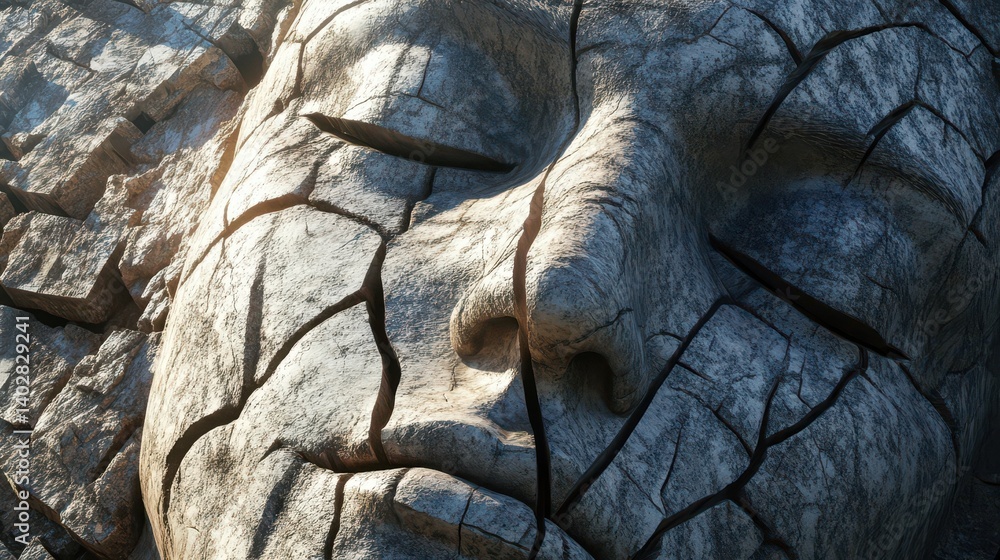 Obraz premium A weathered stone face, deeply cracked and aged.