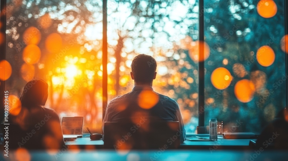 Two people seated at a table by a large window, looking out at a sunset. Two people seated at a table by a large window, looking out at a sunset.