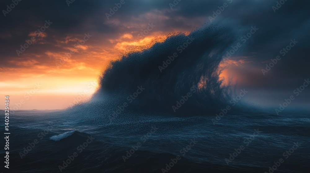 Fototapeta premium Dramatic ocean wave sunset seascape