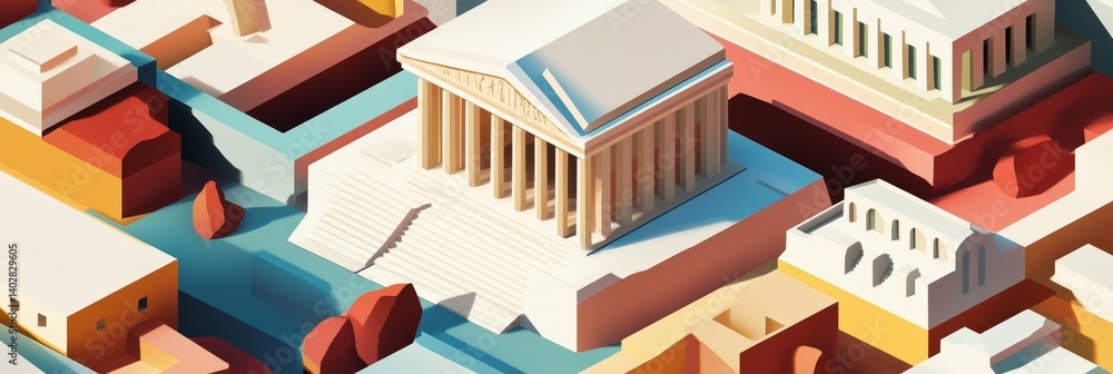 Isometric illustration of a city with ancient architecture and waterways.