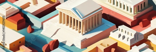 Obraz na płótnie Isometric illustration of a city with ancient architecture and waterways. w salonie
